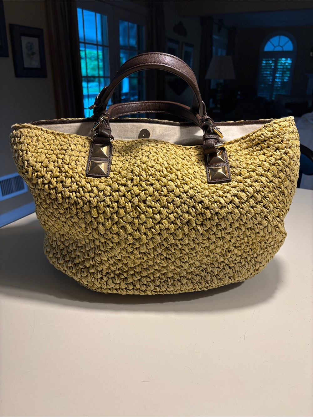 Michael Kors Woven Straw Tote with Brown Leather Handles - Yellow